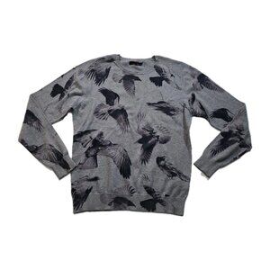 Ed Hardy Bird AOP Sweater Mens S Gray Beige LS Office Cottage Y2K Grunge Cotton